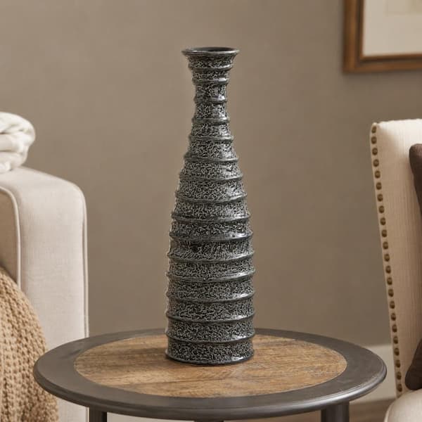 24 in. Black Ceramic Decorative Vase with Ripple Texture