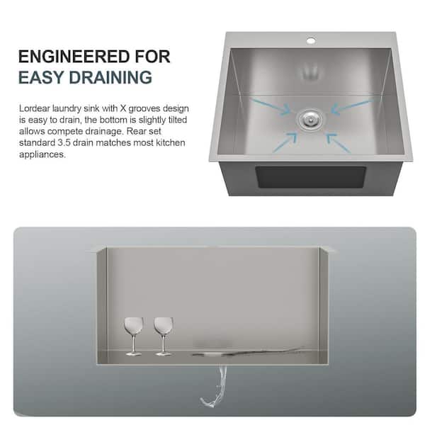 LORDEAR 22 in. Drop-In Laundry Utility Sink Stainless Steel 16 Gauge with Strain Basket