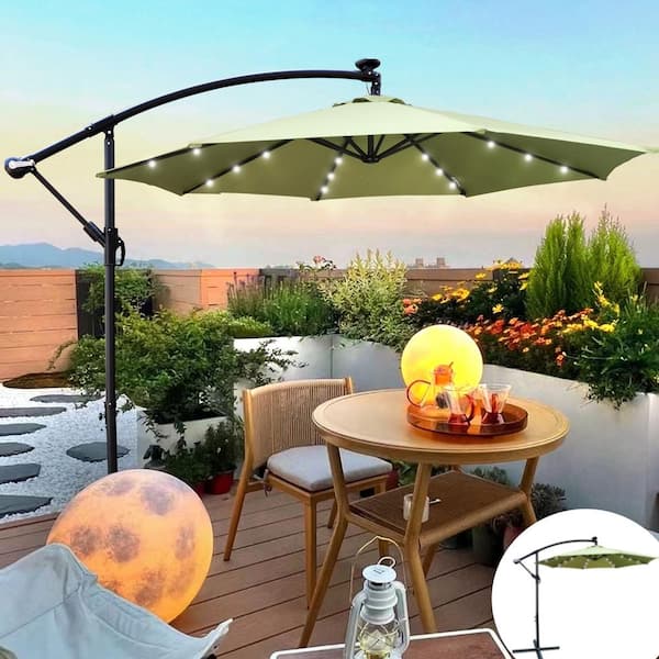 ToolCat 10 ft. Aluminum Cantilever Solar Powered LED Lights Patio Umbrella with Crank and Cross Base in Green