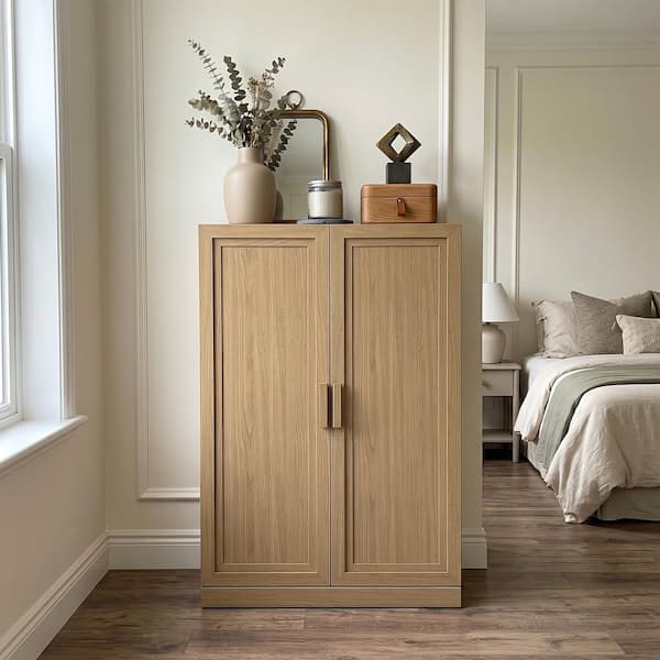 Natural Wooden 49 in. H Storage Cabinet with Adjustable Shelves Accent Cabinet