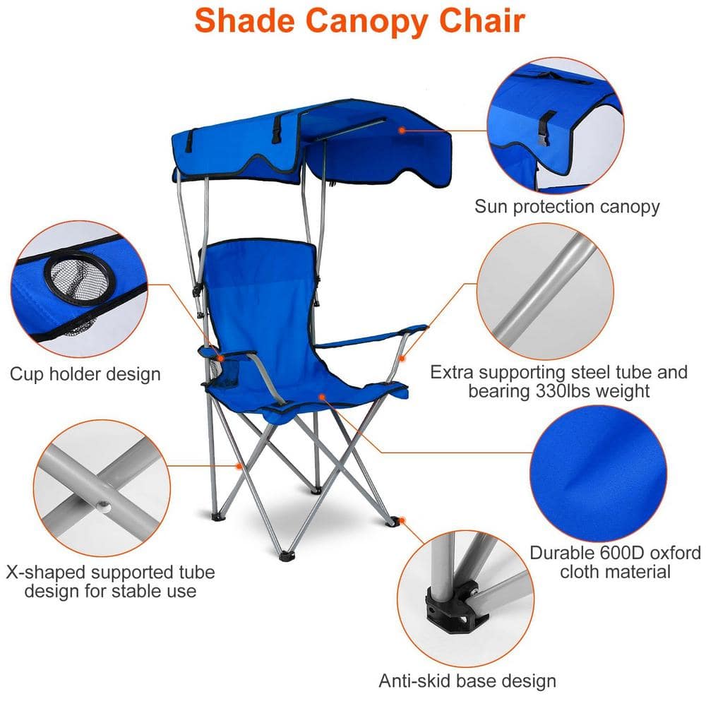 Blue Folding Steel Beach Chair with Adjustable Canopy