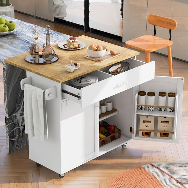 Harper & Bright Designs White Rubber Wood Kitchen Cart with Door Internal Rack, Drop-Leaf, Adjustable Shelves,-Drawer with Divider, 4 Wheels