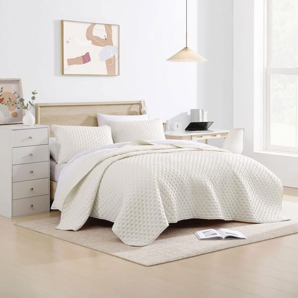 All-Season 3-Piece Coconut Milk Solid Color Debossed Flower Microfiber Full/Queen Quilt Set