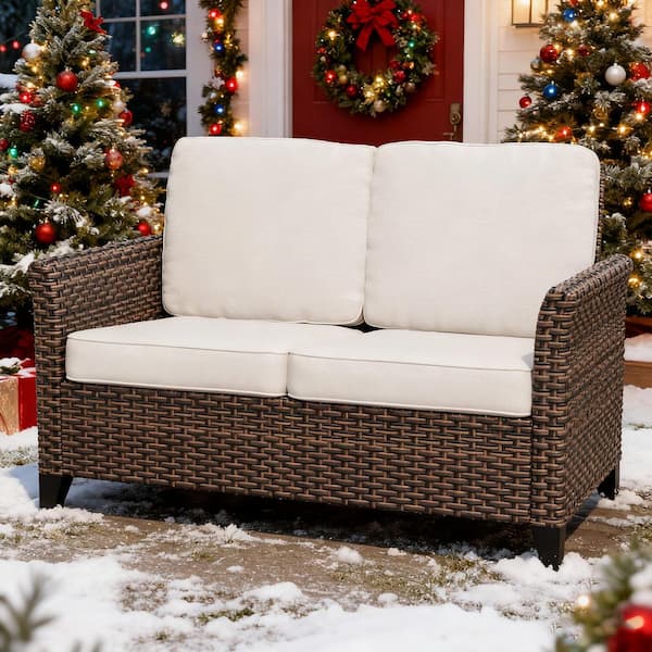 2-Color Brown Wicker Outdoor Patio Loveseat Sofa with Beige Cushions, Wide Armrest