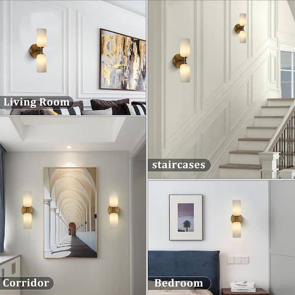 2-Light 14 in. Brass Dimmable Alabaster Wall Sconces, Natural Marble Wall Sconces for Bedroom, Hallways (2-Piece)