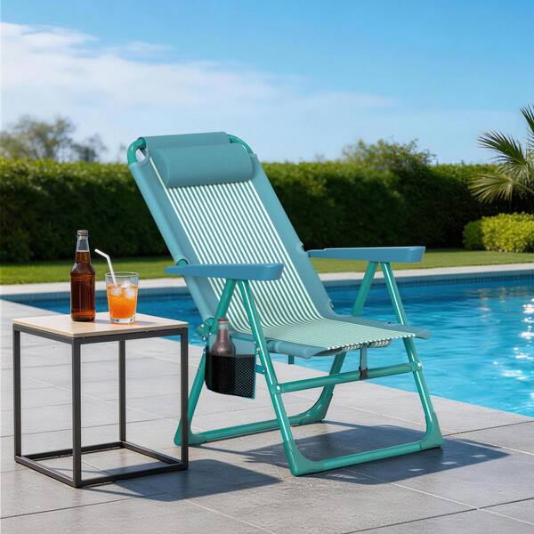 SUKLOM Folding Beach Chair Cup Holder, High-Back Recliner, 350 lbs