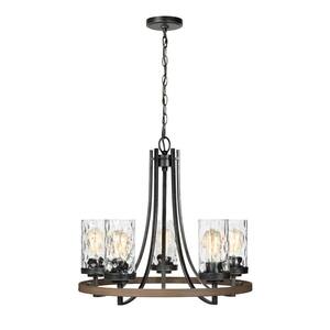 Gaston 5-Light Weathered Gray Rustic Farmhouse Wagon Wheel Chandelier with Distressed Oak Accents and Water Glass Shades