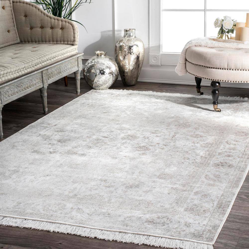 Ivory Floral Rectangular Viscose Area Rug with Fringe, 5' x 8'