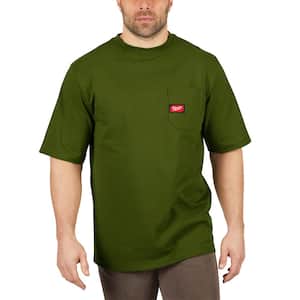 Men's Large Olive Green Heavy-Duty Cotton/Polyester Short-Sleeve Pocket T-Shirt