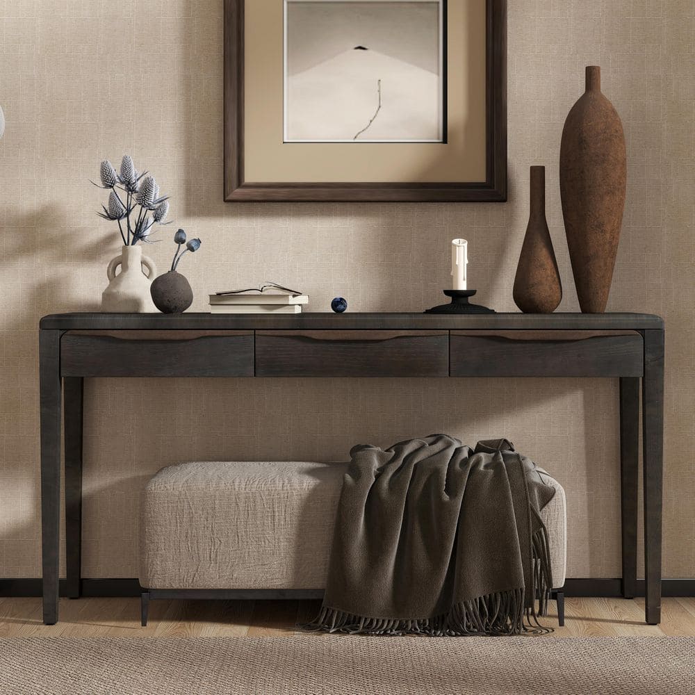 59.84 in. Black Rectangle Oak Veneer and MDF Console Table with Rounded Corners, 3 Drawers and Handles price history on PriceWatchPro