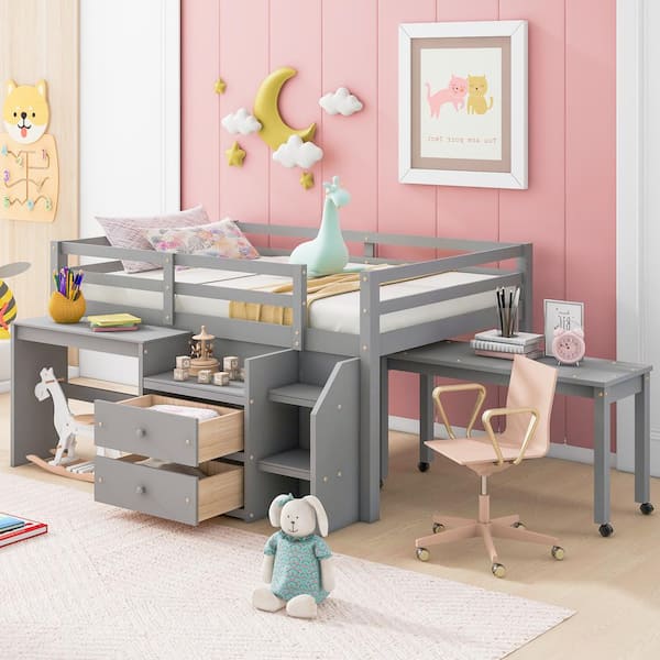 Harper & Bright Designs Gray Full Size Wood Low Loft Bed with Built-in Desk, 2-Drawer and Movable Desk