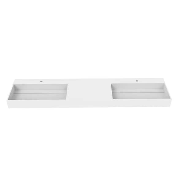 Juniper 84 in. Wall Mount Double-Basin Solid Surface Rectangle Non Vessel Sink Bathroom in Matte White