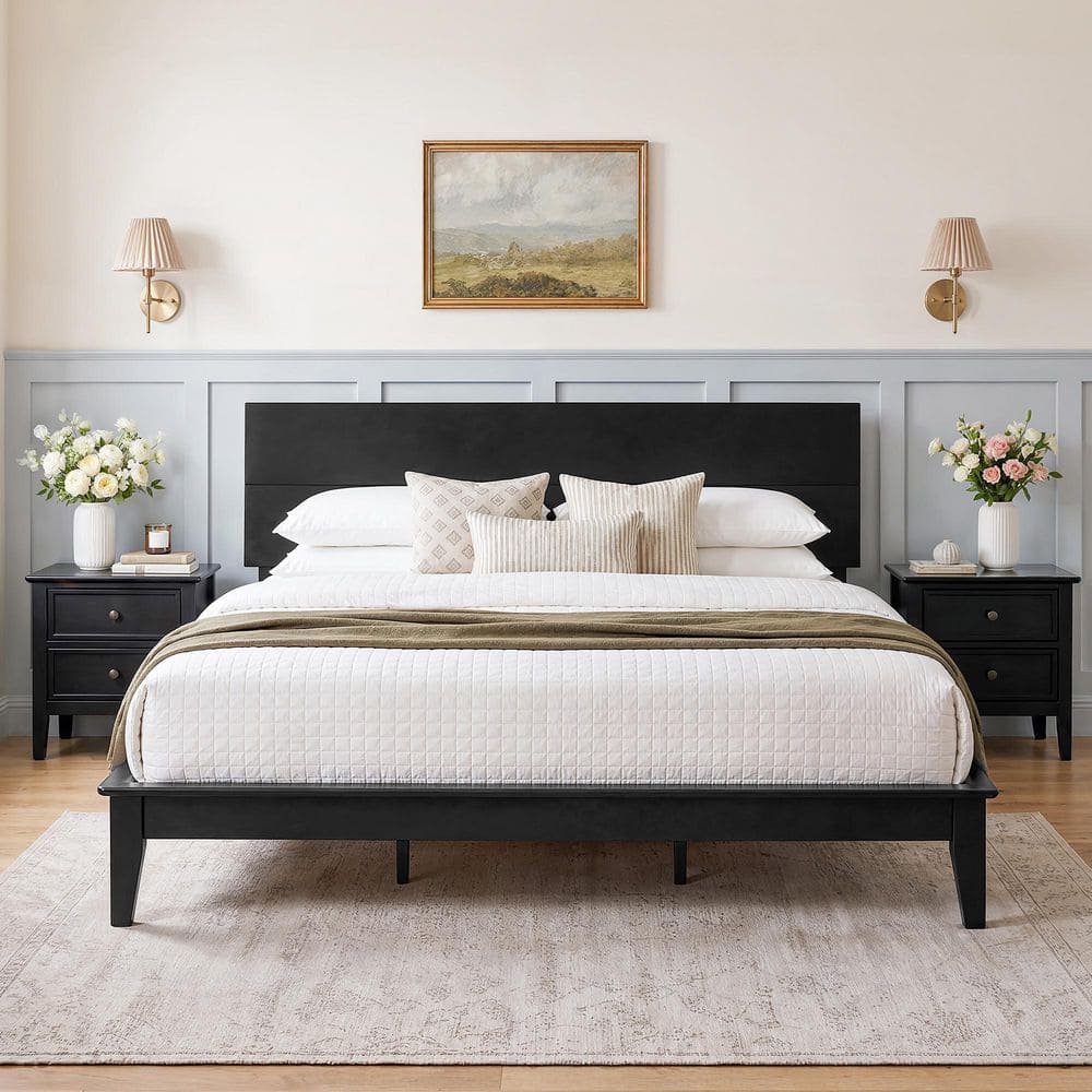 LUE BONA Lexus Black Solid Wood Frame King Platform Bed with