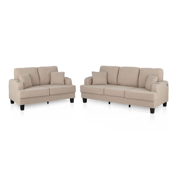 Colby 2-Piece Beige Boucle Fabric Small Space Living Room Set with USB Ports and Cup Holders
