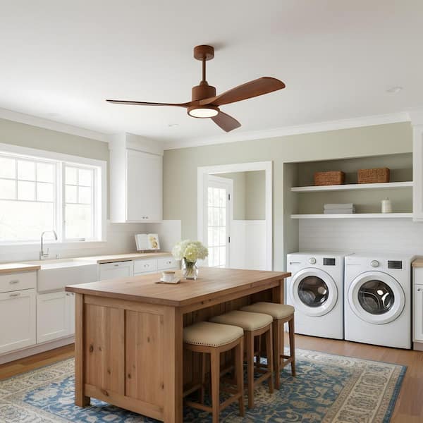 52 in. LED Indoor Modern Style Downrod Natural Wood Ceiling Fan with Light Kit, Remote/APP Controls