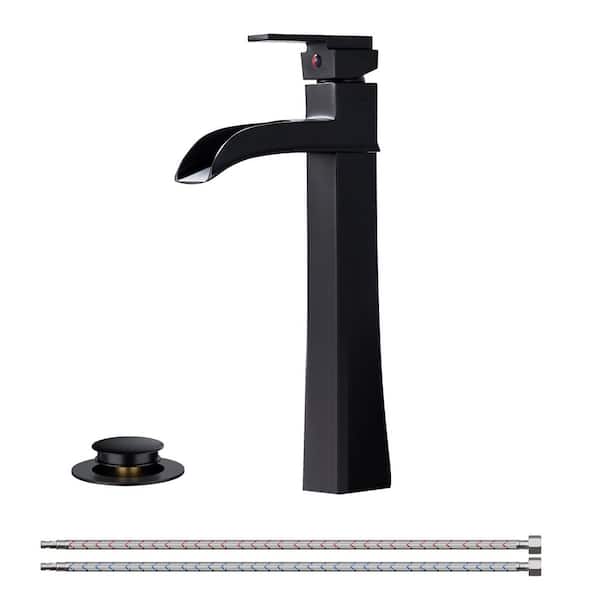 Forious pro Waterfall Single Handle Bathroom Faucet with Metal Pop-Up Drain in Matte Black