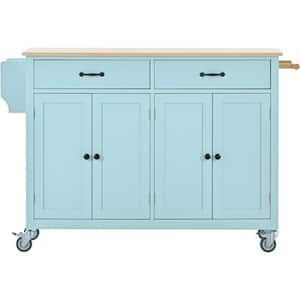Blue Solid Wood 54.33 in. Movable Kitchen Island with Adjustable Shelves Storage Cabinet with 2-Drawers and Wheels