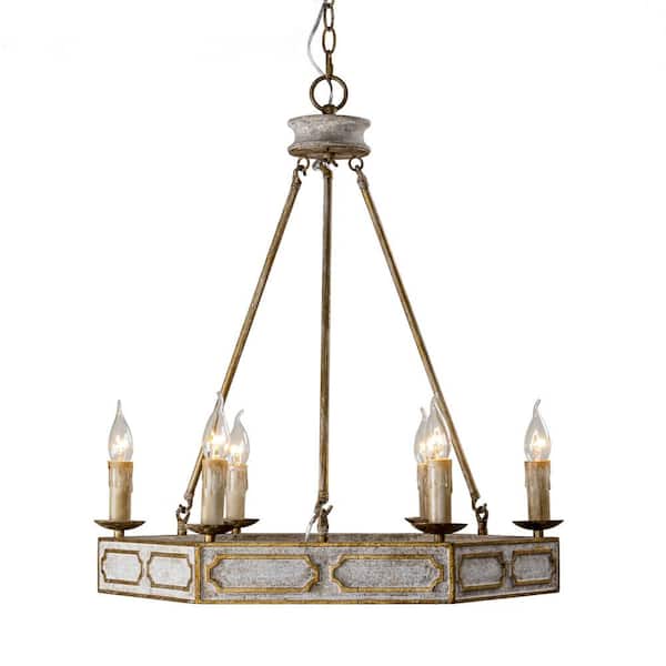 Parrot Uncle Oakpark 6-Light Gold and Gray Rustic Candle Style Wagon Wheel Chandelier for Living Room