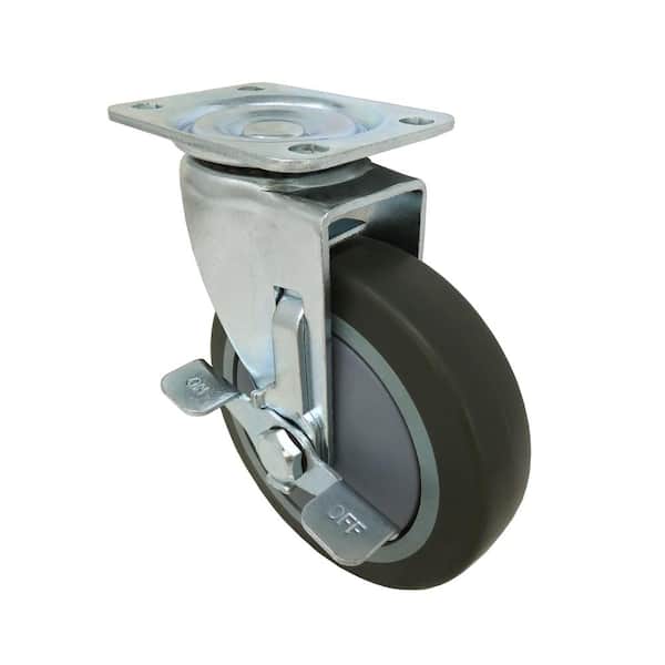 Everbilt 5 in. Gray Rubber Like TPR and Steel Swivel Plate Caster with Locking Brake and 350 lb. Load Rating