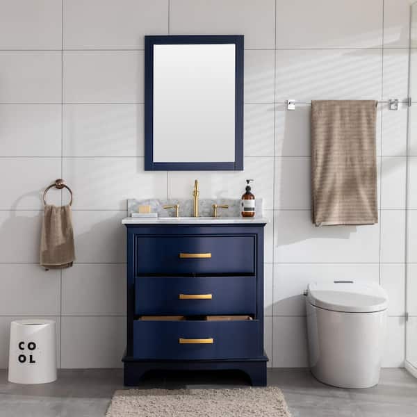 Monroe 30 in. W x 22 in. D Bath Vanity in Navy Blue with Natural Marble Vanity Top in Carrara White with White Sink