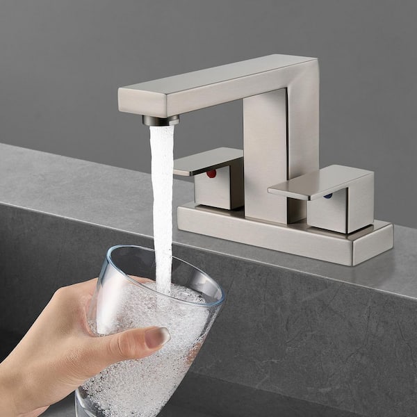 Minimalist 4 in. Centerset Double Handle Low Arc Bathroom Faucet with Drain kit Included in Brushed Nickel