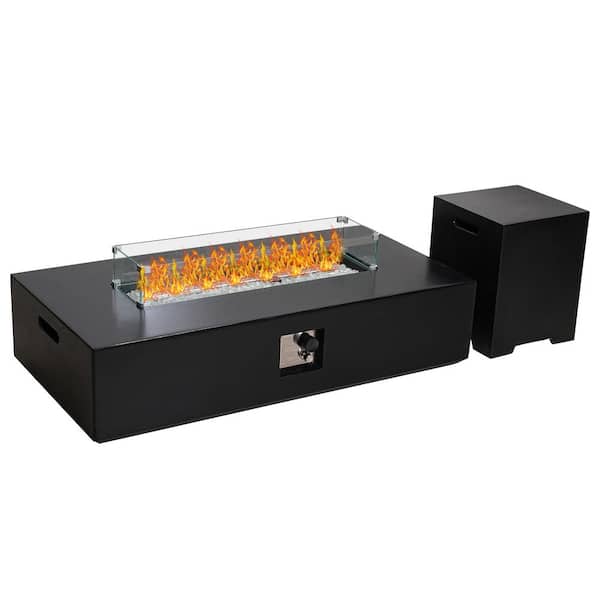 Runesay 59.5 in. Black Concrete Patio 50000 BTU Rectangle Propane Gas Fire Pit Table with Glass Wind Guard and Tank Cover