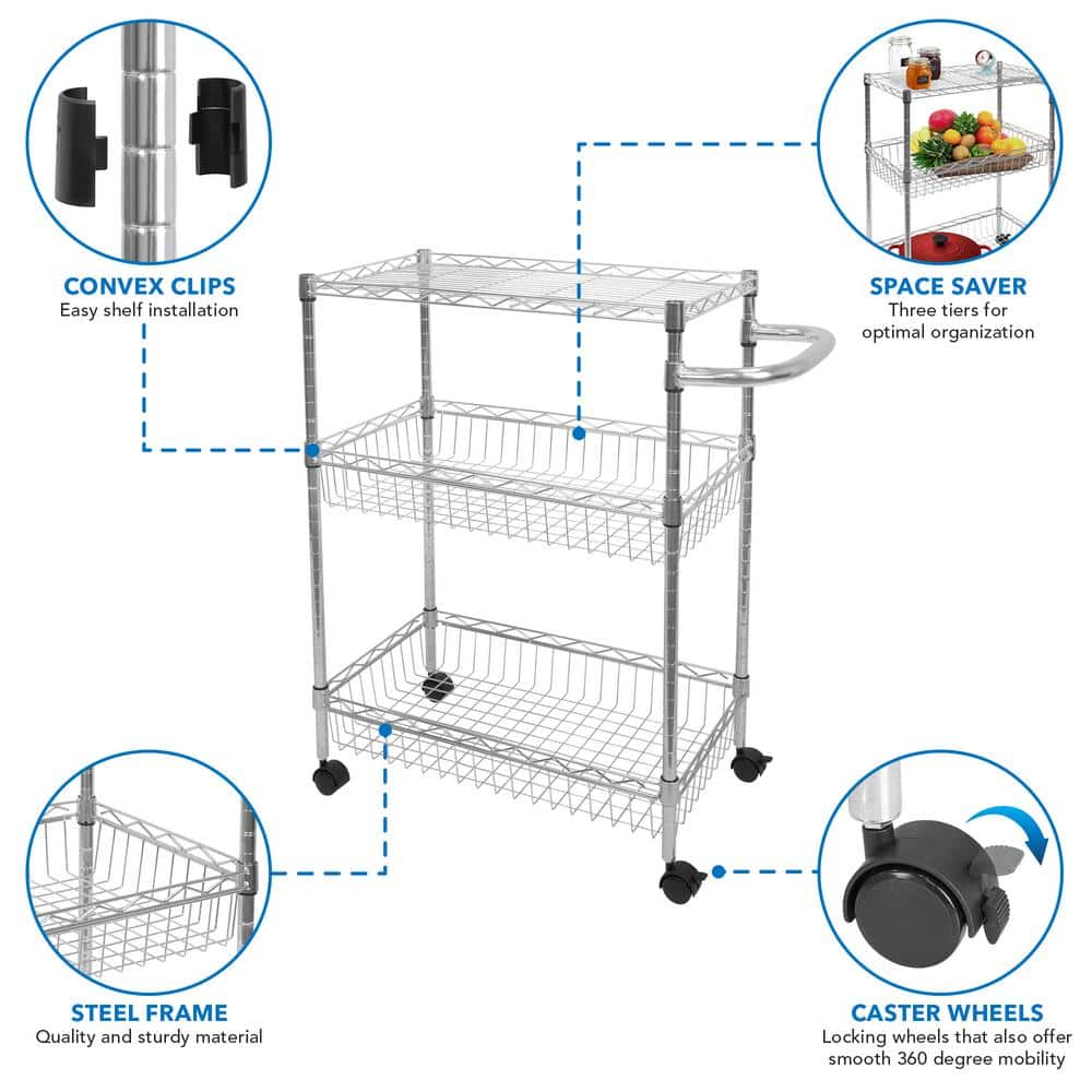 Silver 3-Tier Steel Rolling Utility Cart with Lockable Wheels