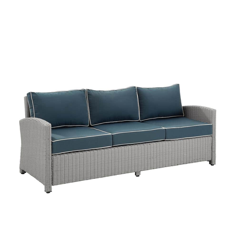 Bradenton Gray Wicker Outdoor Sofa with Navy Cushions