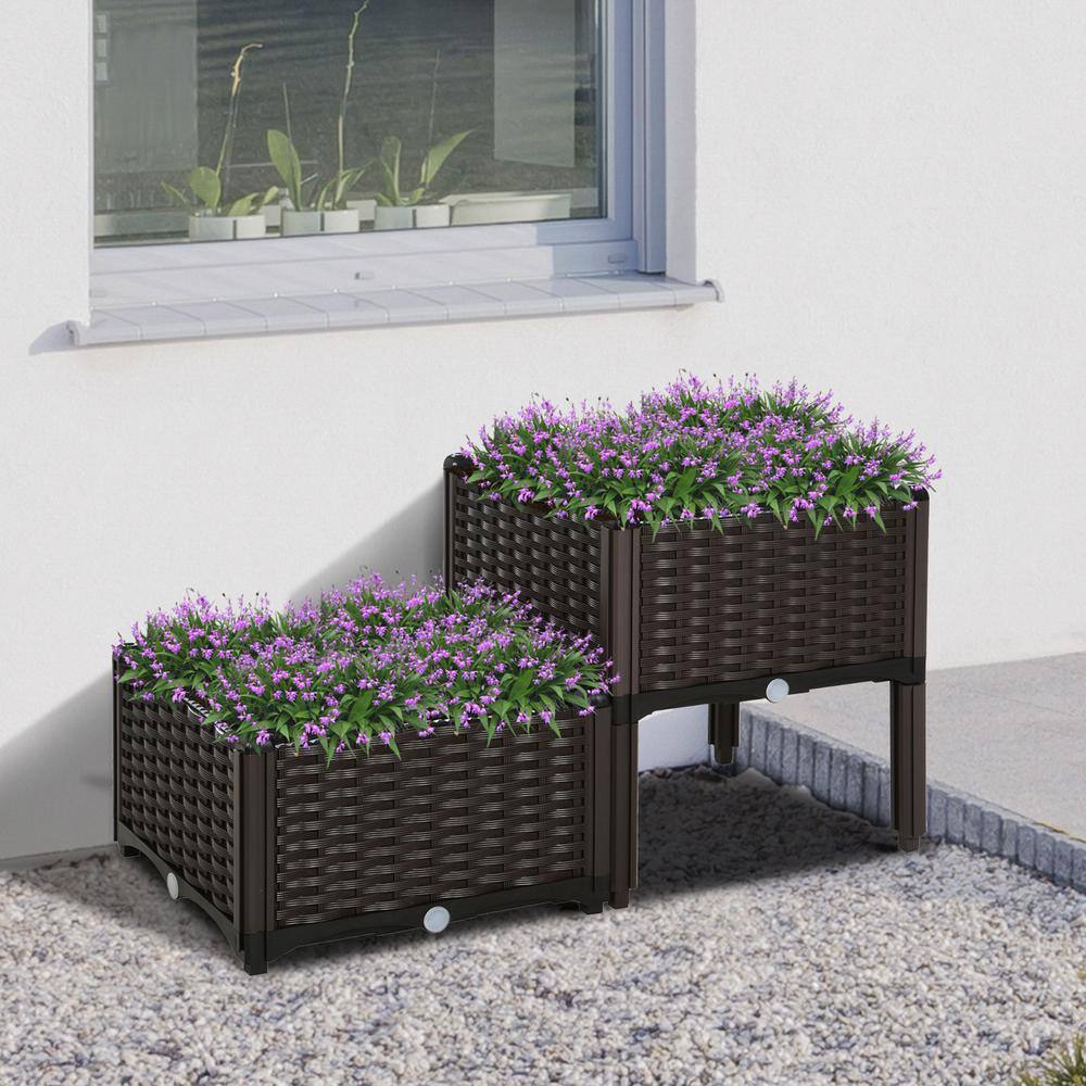Brown Rectangular Raised Garden Bed Set with Legs and Self-Watering Planter Boxes