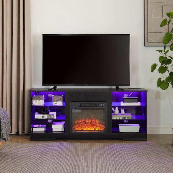 58 in. Freestanding Electric Fireplace TV Stand in Black with Bluetooth App, 2-Outlets 2-USB Ports, Fits 62 in. TV