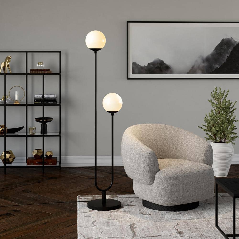 Art Deco-Inspired Blackened Bronze Floor Lamp with White Milk Glass