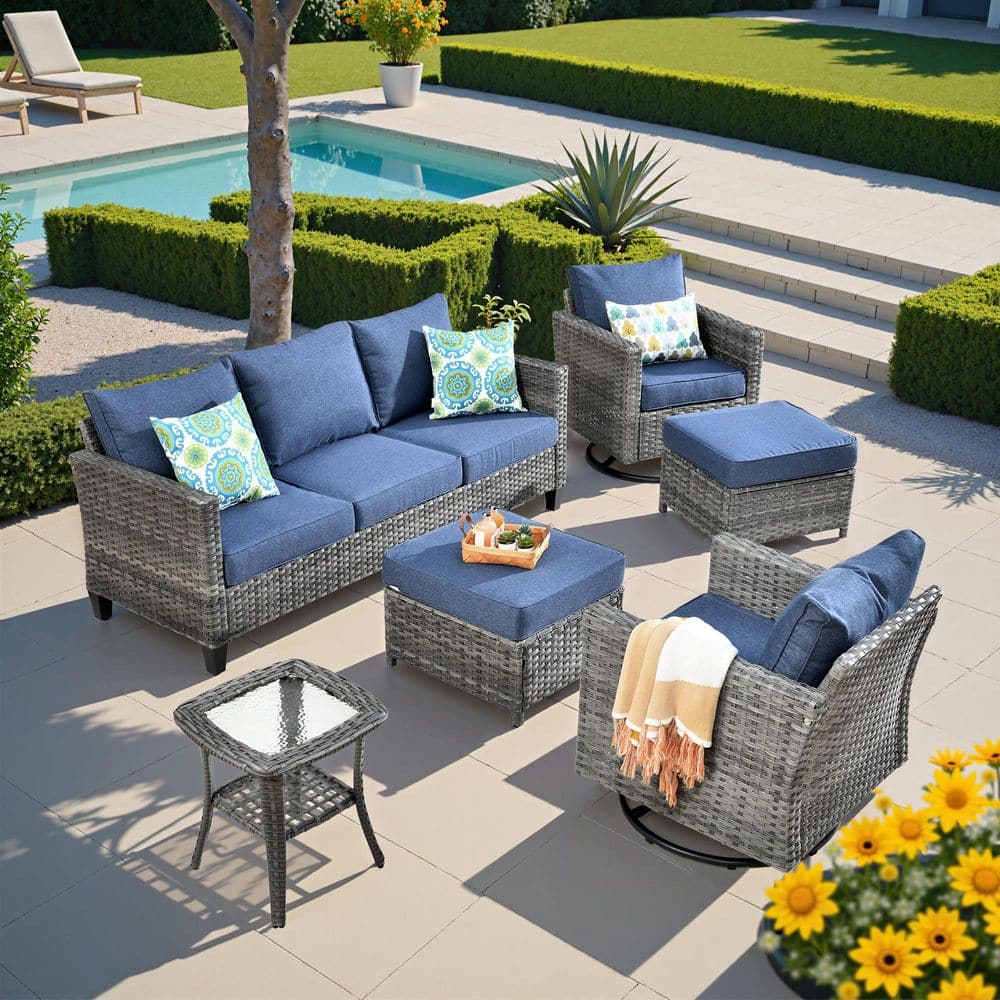Camden 7-Piece Gray Wicker Patio Conversation Set Outdoor Patio Furniture with Denim Blue Cushion and Swivel Chair price history on PriceWatchPro