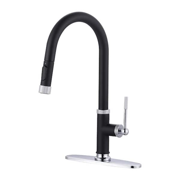17 in. Single Handle Metal Pull Down Sprayer Kitchen Faucet with 360° Swivel Spout and Supply Hoses in Black and Chrome
