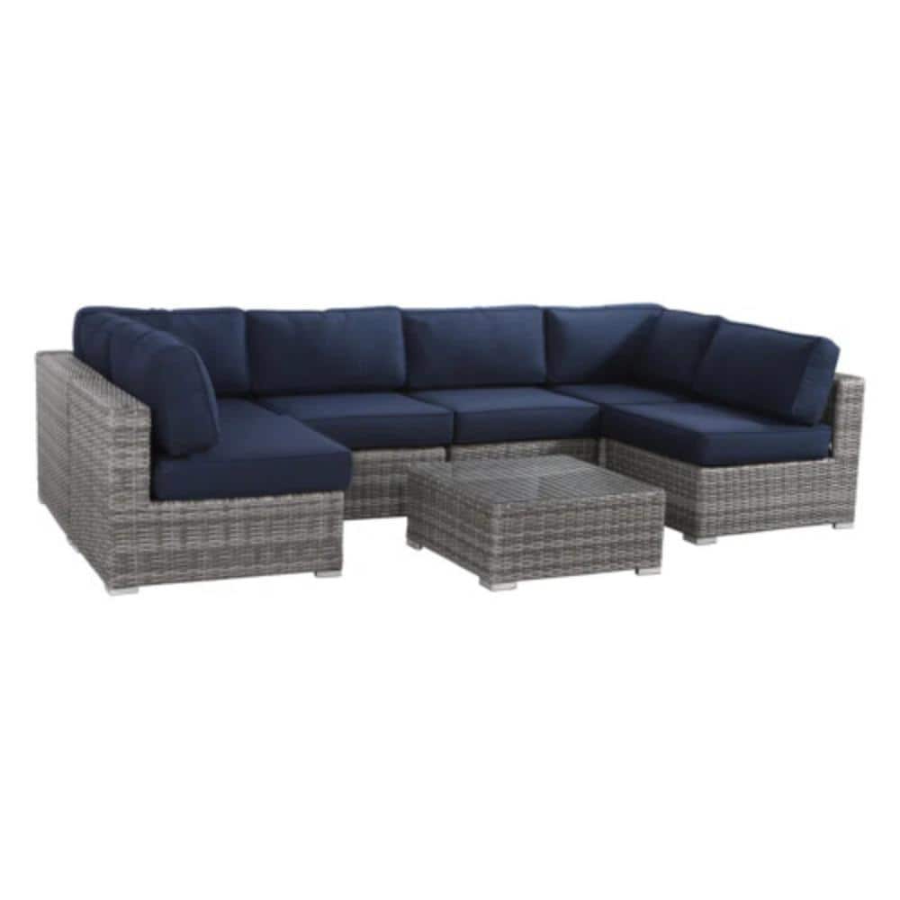 7-Piece Wicker Outdoor Conversation Patio Furniture Set with Dark Blue Cushions price history on PriceWatchPro