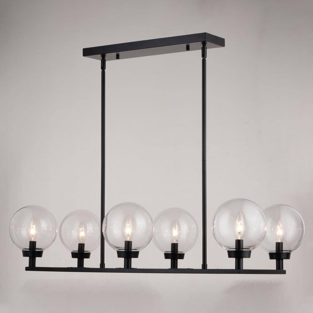 Matte Black 6-Light Linear Chandelier with Clear Glass Globes