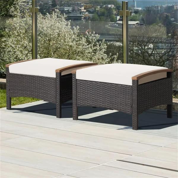 Cubilan White Wicker Outdoor Storage Stool without Sunshade with White Cushion (1 Pack)