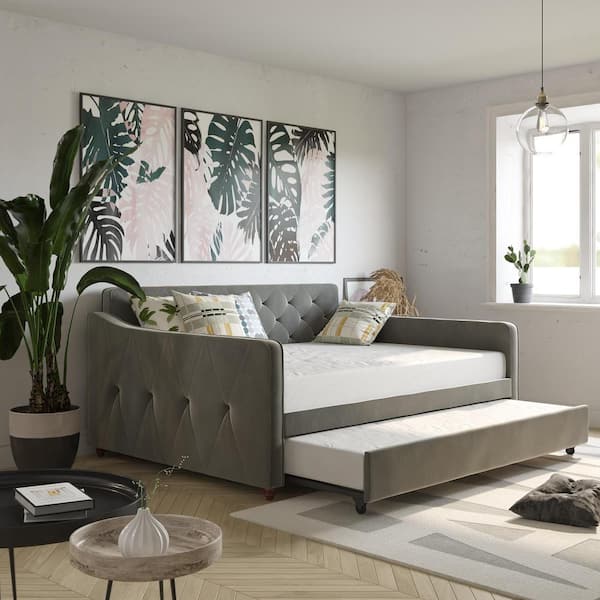 Vintage Gray Upholstered Full Daybed and Twin Trundle Set