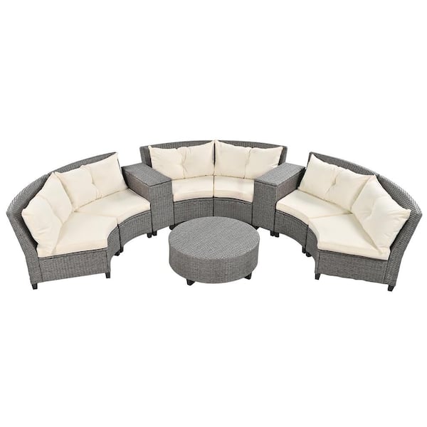 Zeus & Ruta Semi-Circle Gray 9-Piece Wicker Patio Conversation Set with Beige Cushions and Round Coffee Table for Garden, Backyard