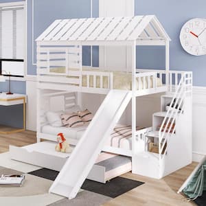 White Twin over Twin House Bunk Bed with Trundle and Slide, Storage Staircase, Roof and Window Design