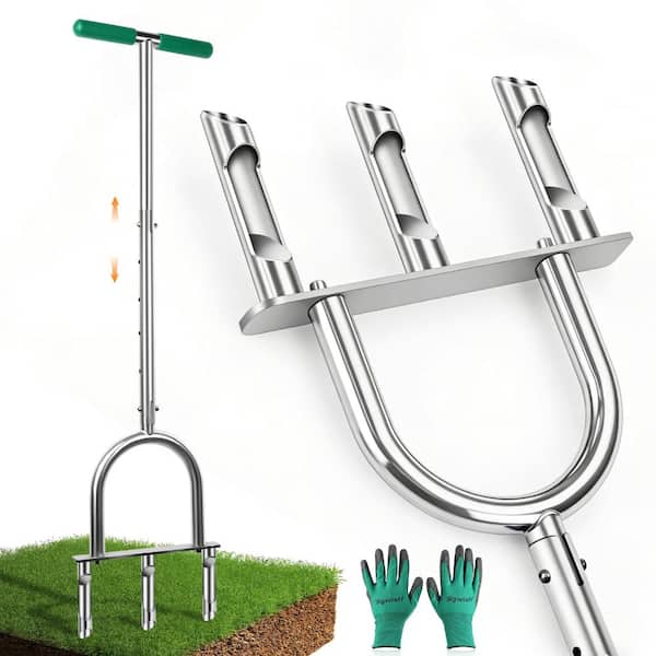 3 Hollow Tines Lawn Aerator Tool Adjustable Height Stainless Steel 1-Piece