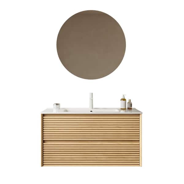 35.83 in. W x 18.31 in. D x 20.4 in. H Wall-Mounted Bath Vanity in Wood with White Ceramic Top