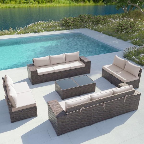 Halmuz 12-Piece Wicker Outdoor Sectional Set with Cushion Sand