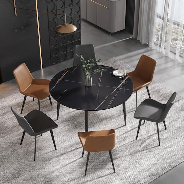 J&E Home Black Sintered Stone Marble 53.1 in. Pedestal Dining Table (Seats 6)