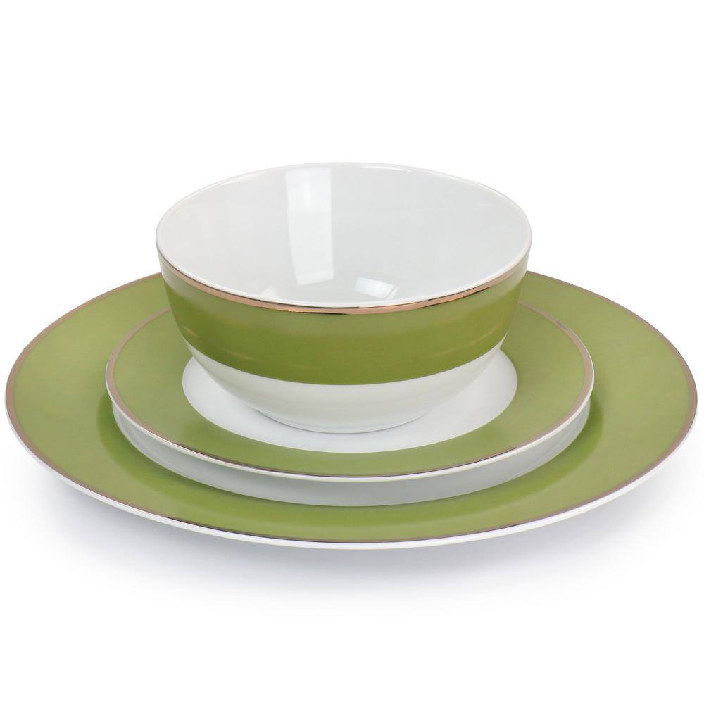 Green and Gold Rimmed 12-Piece Ceramic Dinnerware Set
