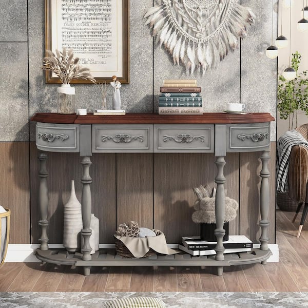 Tatahance 52 in. L Antique Gray Half-Moon Wood Curved Console