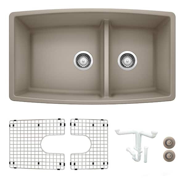 Blanco Performa 33 in. Undermount Double Bowl Truffle Granite Composite Kitchen Sink Kit with Accessories