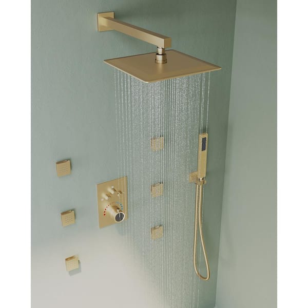 GRANDJOY Multiple Press 7-Spray Wall Mount 12 in. Fixed and Handheld Shower Head 2.5 GPM in Brushed Gold