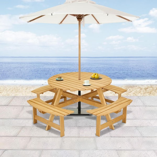 attach patio umbrella through picnic table Outdoor Wooden Round Picnic Table with Attached Benches, Natural Wood  Finish, Umbrella Hole for Patio, Garden, Beach CC-P149764