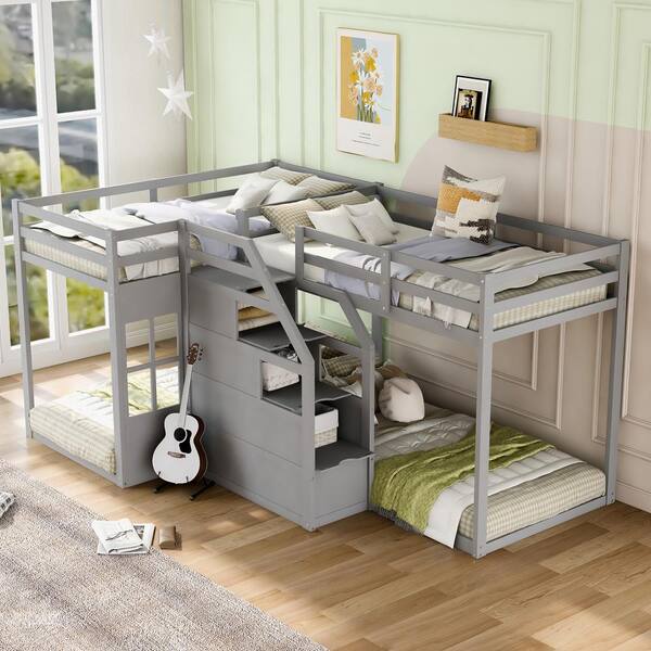 Harper & Bright Designs Gray Twin L-Shaped Bunk Bed with Built-in ...