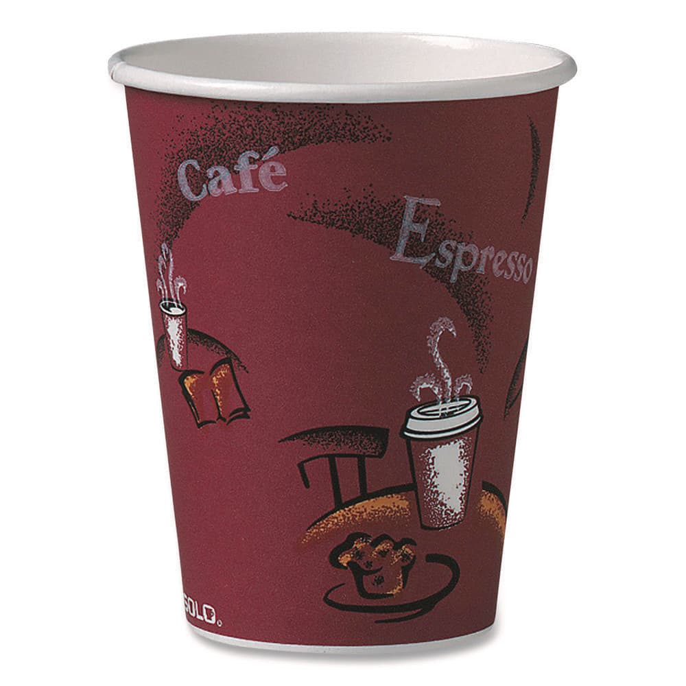Solo 12 oz. Maroon Disposable Paper Cups, Hot Drinks, Bistro Design, 300 / 